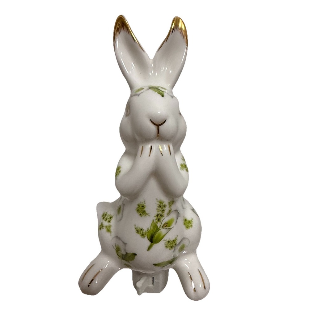 Porcelain Bunny Night Light Green Floral Lily Flowers Gold Accents Nightlight